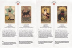 Four tarot cards featuring cats with descriptive text on a white background