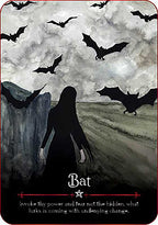 Silhouette of a person in a dark hood with bats flying around, on a cloudy sky background.