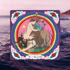 Colorful tarot card illustration of 'The Lovers' card with a beach background