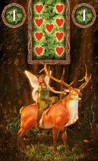 Fairy riding a deer with heart symbols and numbers on a natural background