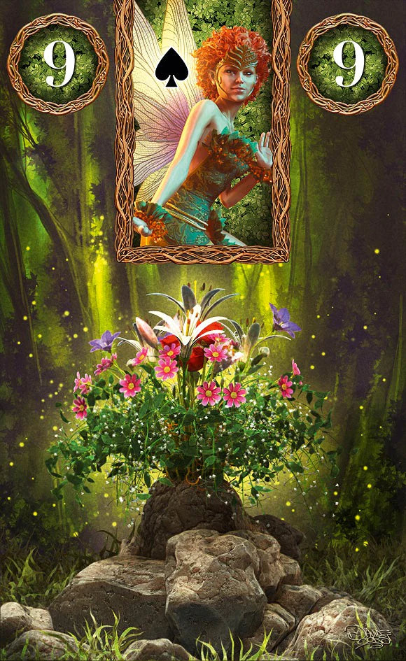 Card with a fairy and floral design on a forest background