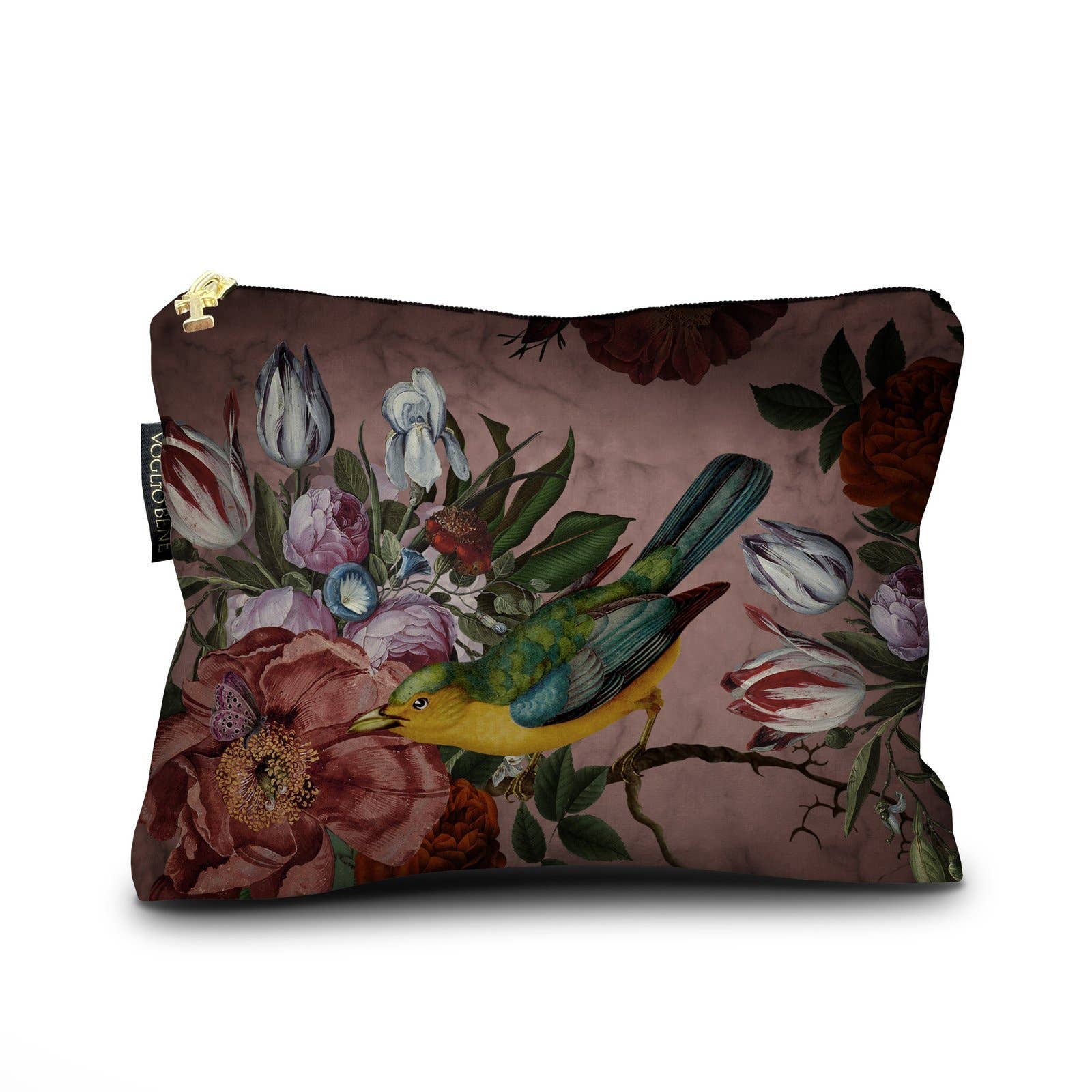 Decorative pillow with floral and bird design on a white background