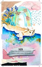 A colorful mixed-media art print featuring a watercolor cat resting on a blue and green landscape, with a pastel rainbow, pink clouds, butterflies, and torn paper collage elements. Text at the bottom reads, 'R&R Dear One, downtime is needed.