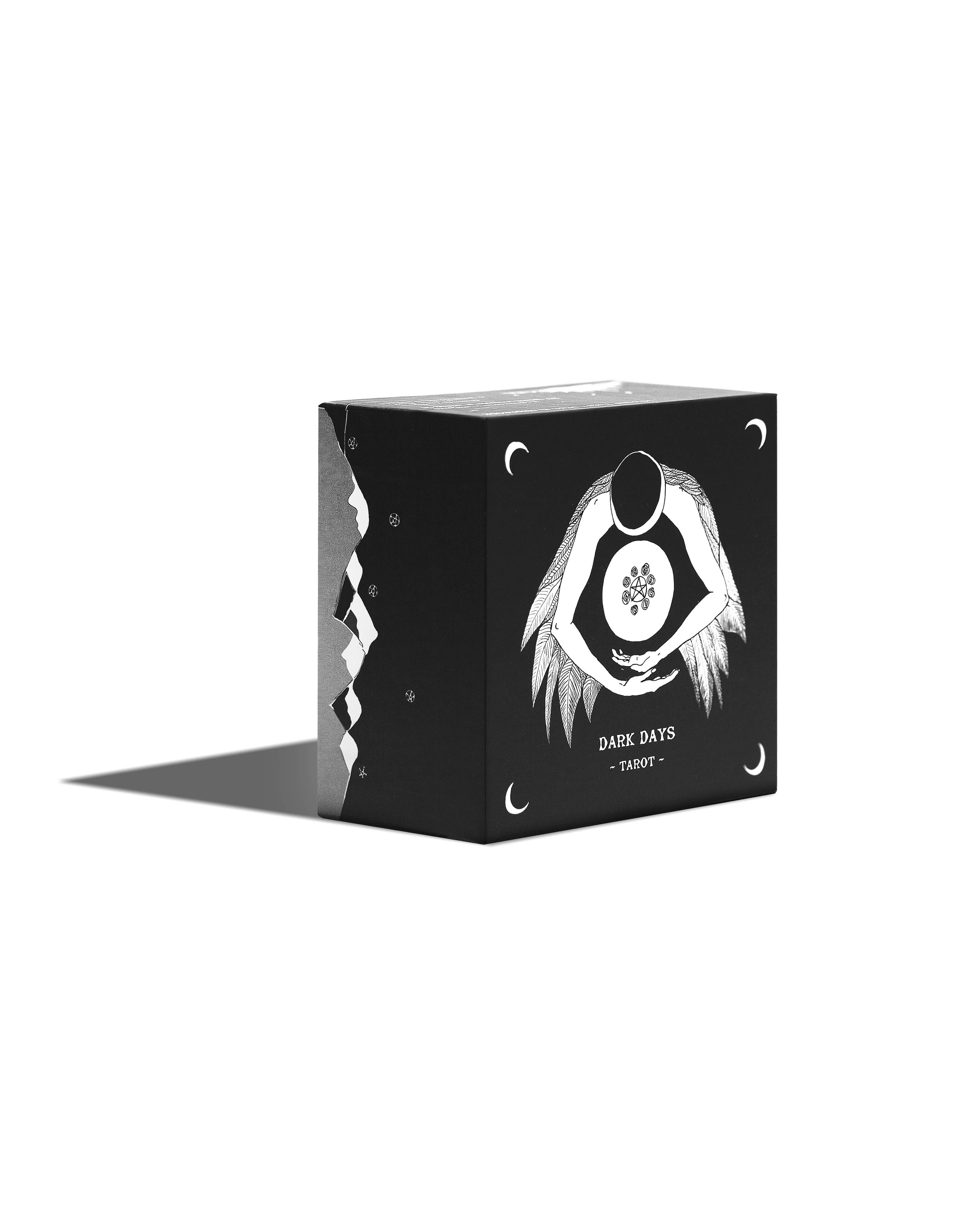Black box with white design and text on a white background