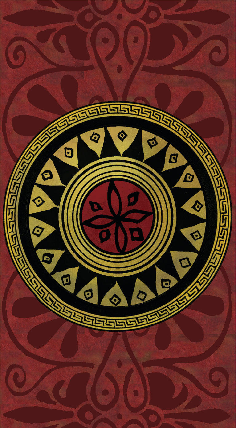 Decorative design with a central circle on a red background