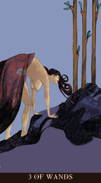 Tarot card featuring a woman in a red cloak bending over a dark landscape with trees.