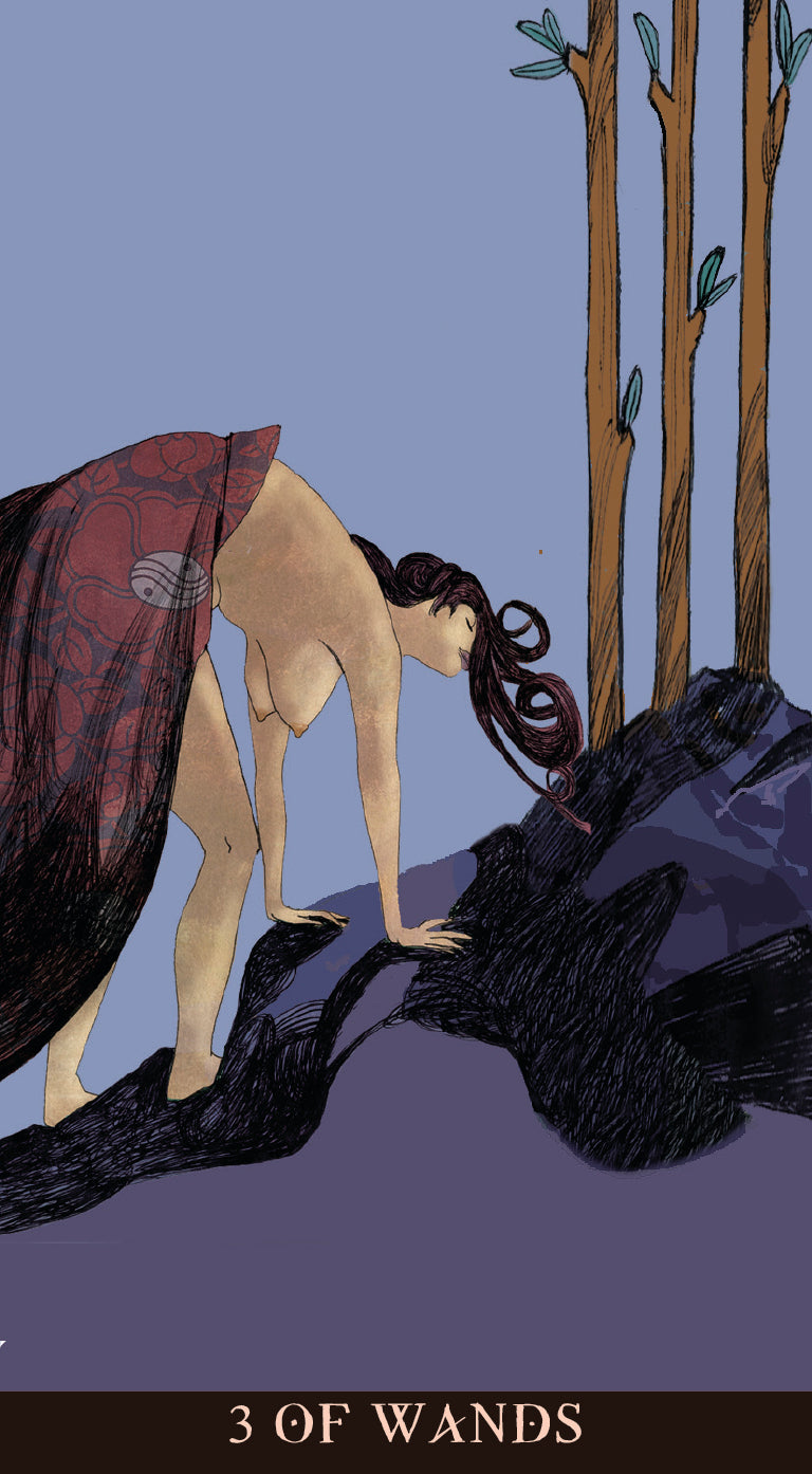 Tarot card featuring a woman in a red cloak bending over a dark landscape with trees.