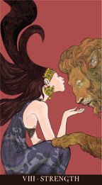 Artistic depiction of a woman with a lion on a red background, labeled 'Strength'.