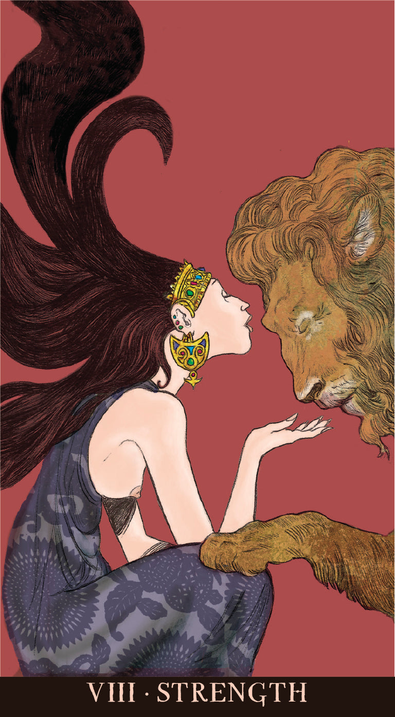 Artistic depiction of a woman with a lion on a red background, labeled 'Strength'.