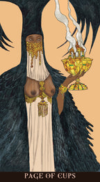 Tarot card illustration of 'Page of Cups' with a person holding a cup, set against a beige background.
