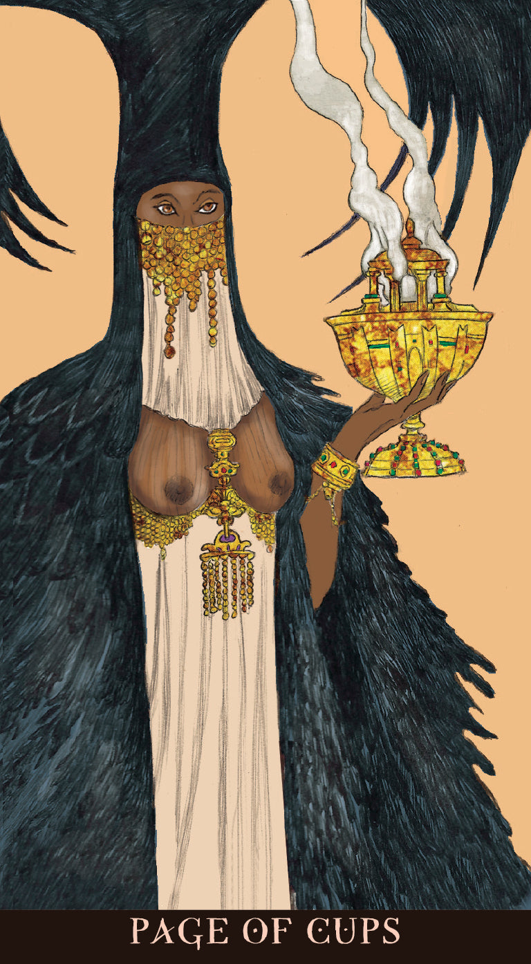 Tarot card illustration of 'Page of Cups' with a person holding a cup, set against a beige background.