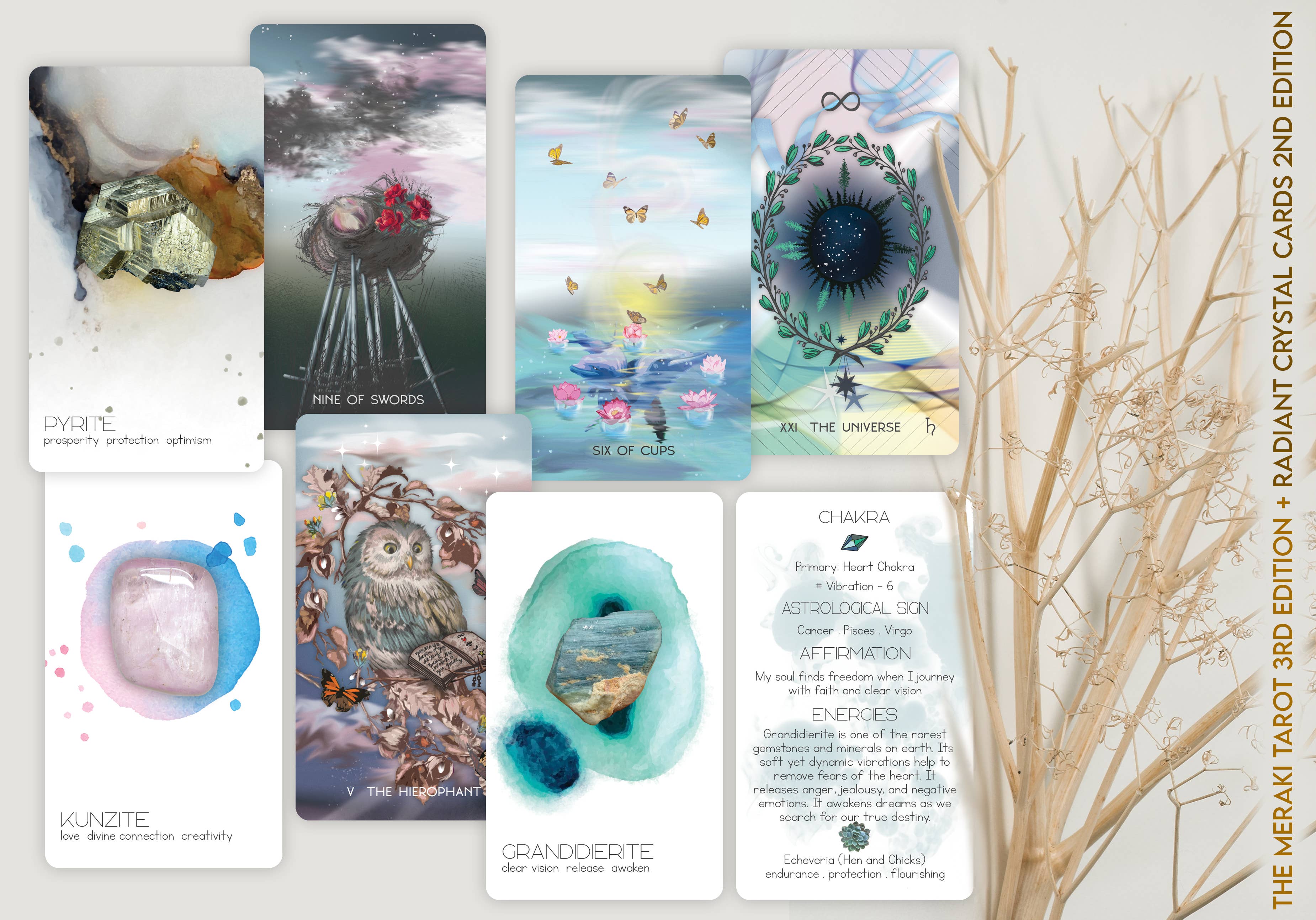 A set of illustrated oracle/crystal cards arranged on a light neutral background with dried botanical stems along the right side. The cards feature pastel artwork and text including names like Pysmite, Nine of Swords, Life of Grace, and Grandierderte, with a vertical title reading 'The Merlot Tarot 3rd Edition + Radiant Crystal Cards 2nd Edition.