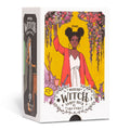 Modern Witch Tarot Deck packaging with a woman in a red coat and white dress on a yellow background.