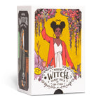 Modern Witch Tarot Deck packaging with a woman in a red coat and white dress on a yellow background.