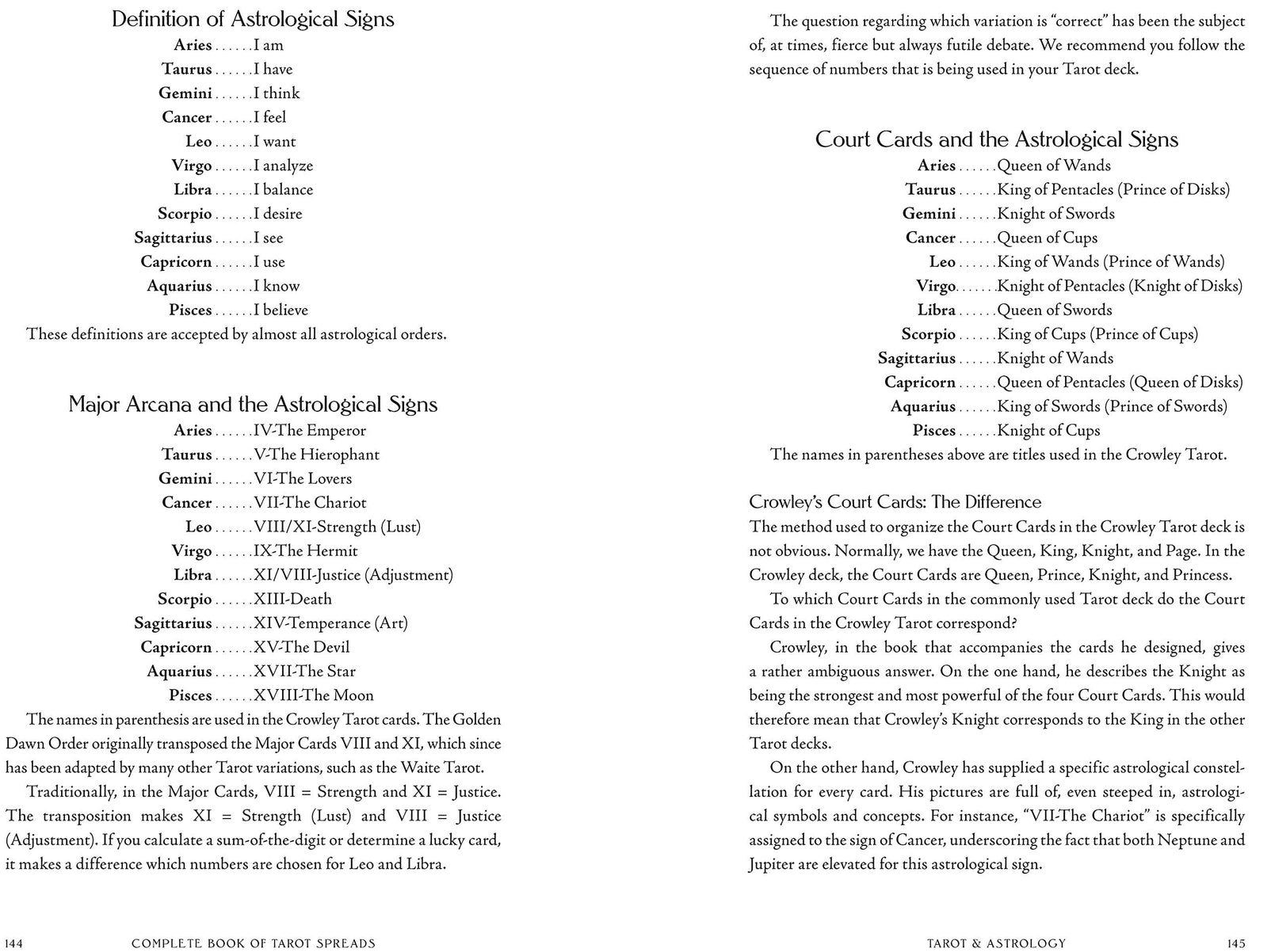 Page from a tarot or astrology book with definitions of astrological signs and court cards.