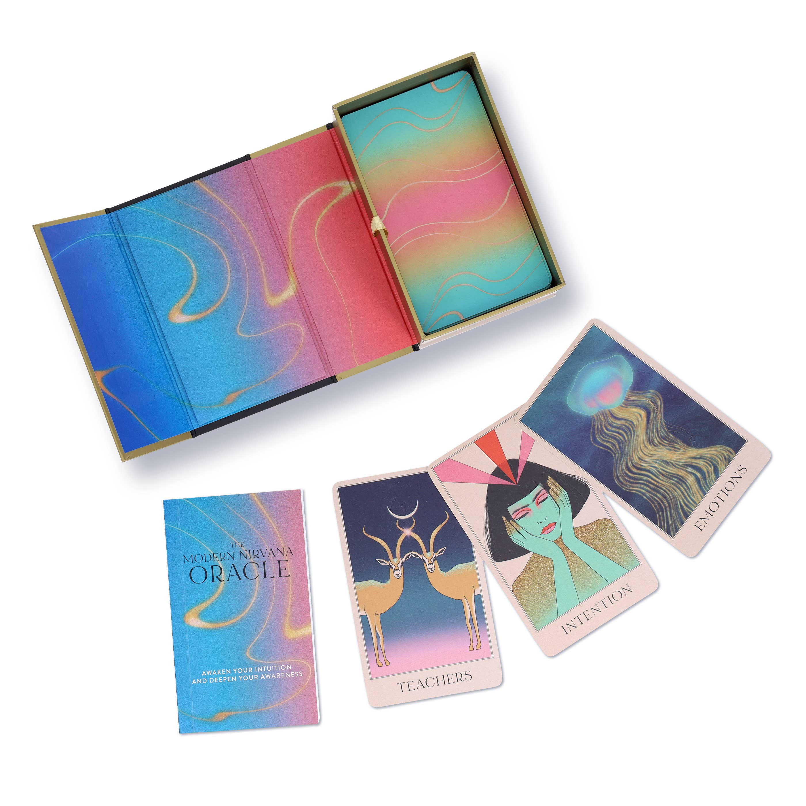 Modern Nirvana Oracle cards with colorful packaging on a white background