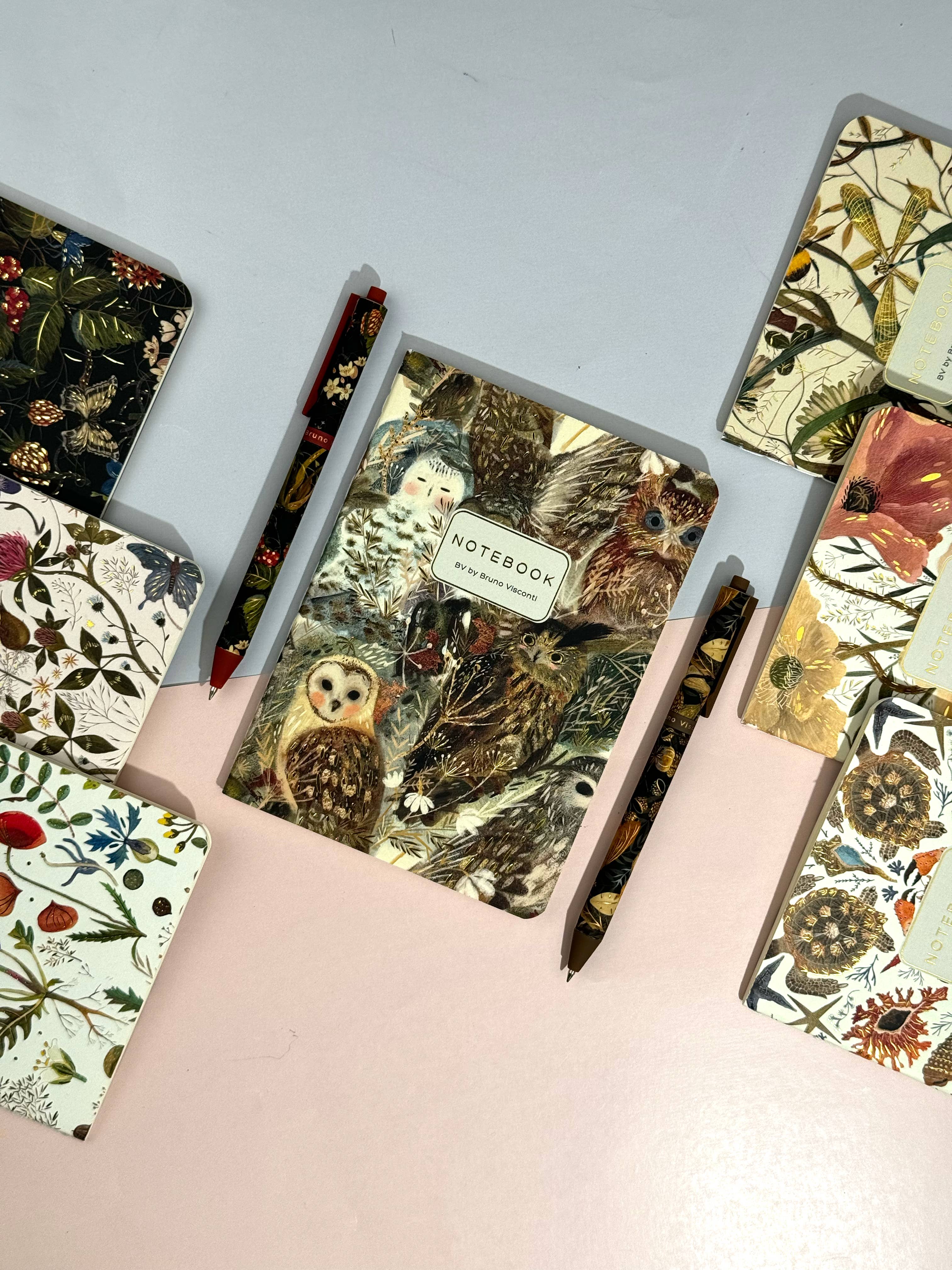 Collection of notebooks with nature-themed covers on a light gray background