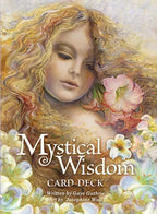 Cover of 'Mystical Wisdom' card deck with a woman's face and flowers.