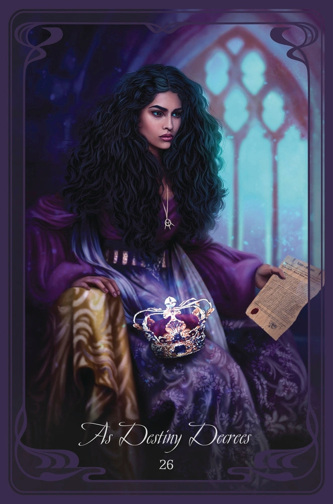 Framed artwork of a woman in a purple dress with a crown, holding a book, against a mystical background.