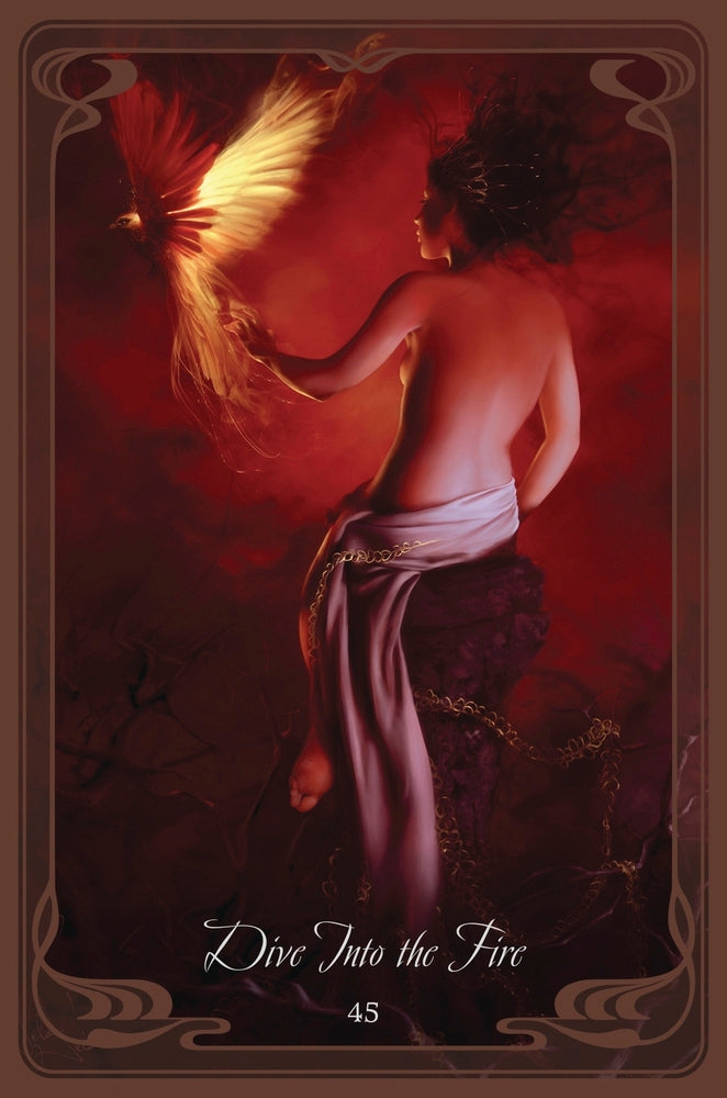 Artistic depiction of a person with flowing hair against a red background, with text 'Dive Into the Fire' at the bottom.