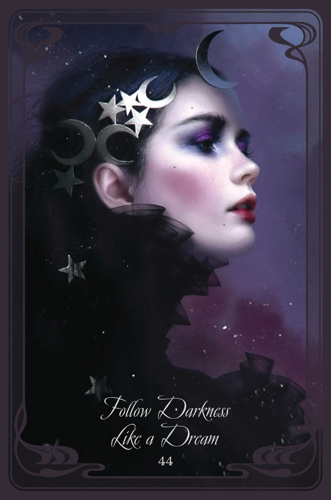 Artistic depiction of a woman with celestial accessories on a dark background with text 'Follow Darkness Like a Dream'.
