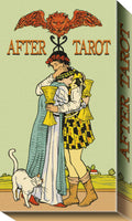 Card game box for 'After Tarot' with illustration of two people embracing and a cat.
