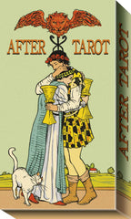 Card game box for 'After Tarot' with illustration of two people embracing and a cat.