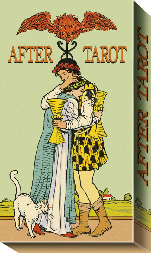 Card game box for 'After Tarot' with illustration of two people embracing and a cat.