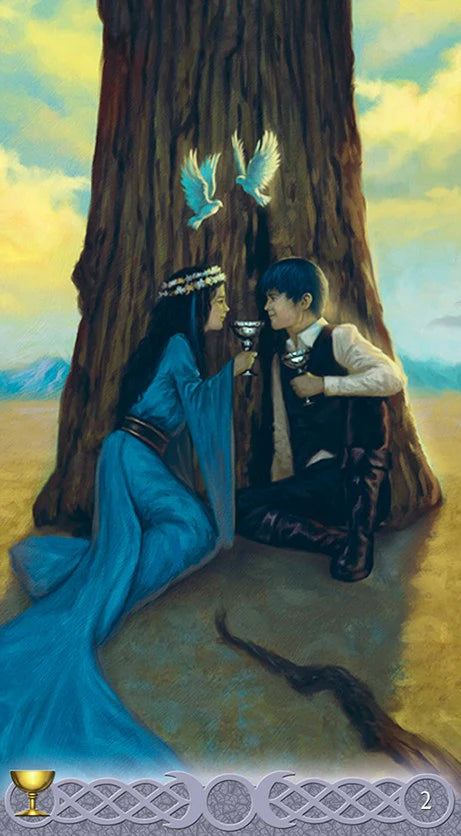 Two people sitting under a large tree with glowing birds, holding cups, in a fantasy setting. Two of Cups