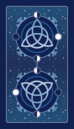 Decorative card with Celtic knot design on a blue background - the back side of the Triple Goddess Tarot cards