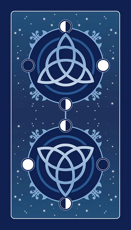 Decorative card with Celtic knot design on a blue background - the back side of the Triple Goddess Tarot cards