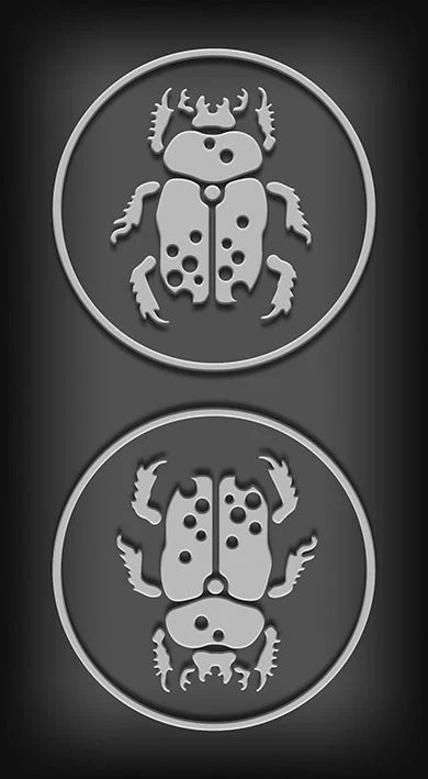 Two circular designs of a beetle on a dark background
