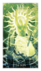 Tarot card featuring a sun symbol with a person in a dress and text 'XIX' and 'The Sun'.