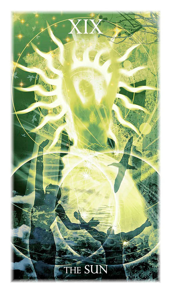 Tarot card featuring a sun symbol with a person in a dress and text 'XIX' and 'The Sun'.
