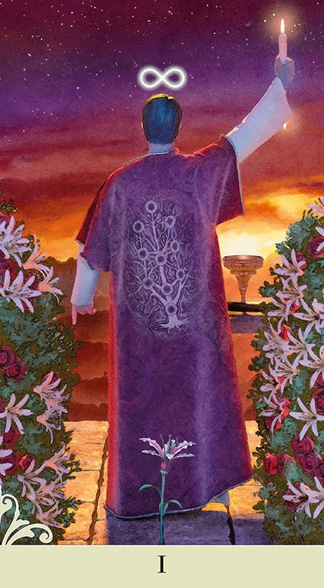 Person in a purple robe with a tree design, holding a candle, standing between two floral arches with a sunset or sunrise in the background.