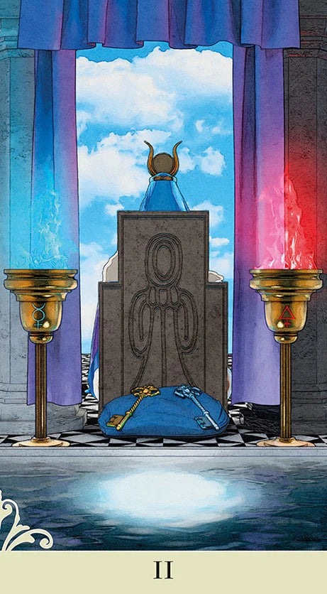 Tarot card with a central figure, candles, and a blue bag on a table.