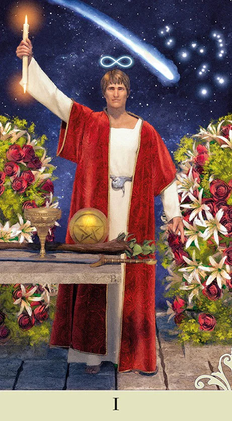 Person in red robe holding a candle with flowers and celestial elements