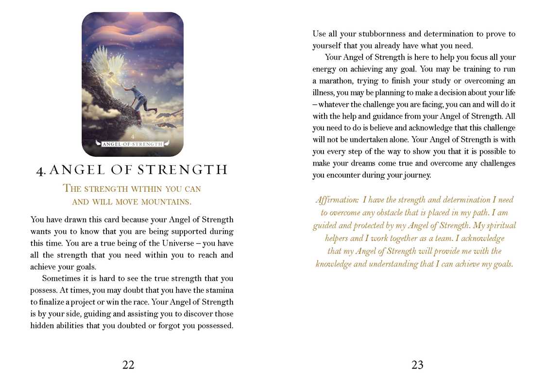 Page from a book titled 'Angel of Strength' with an illustration of an angel and text.