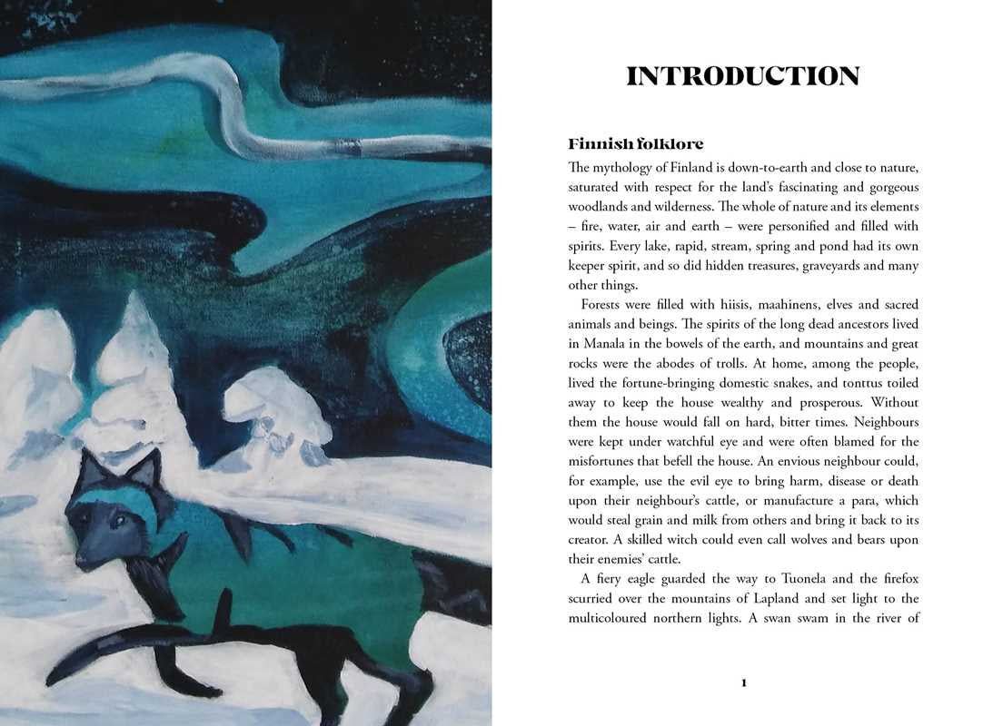 Book page with illustration of a fox-like creature and text on Finnish folklore