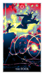 Tarot card titled 'The Fool' with colorful abstract design