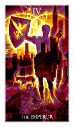 Tarot card featuring 'The Emperor' with a silhouette of a robed figure and a shield.