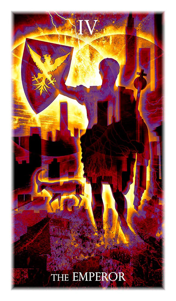 Tarot card featuring 'The Emperor' with a silhouette of a robed figure and a shield.
