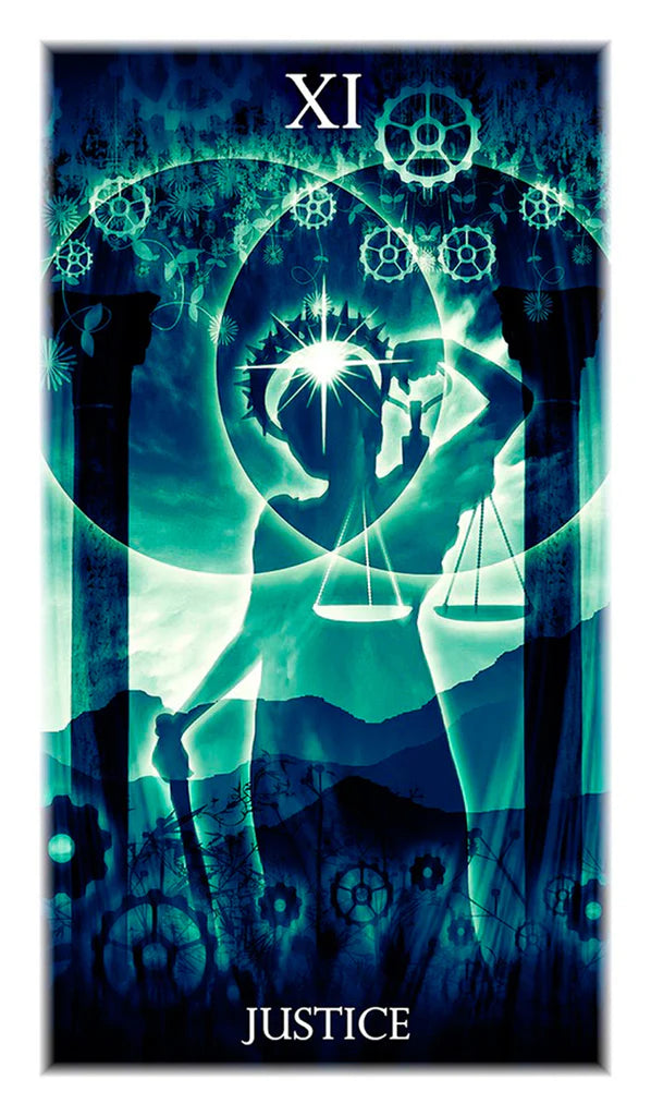 Tarot card featuring the silhouette of a figure holding scales with the word 'Justice' below, set against a dark background with glowing elements.