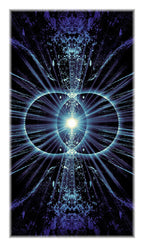 Abstract design with a central light source and radiating energy beams on a dark background