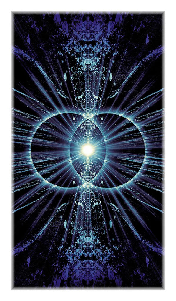 Abstract design with a central light source and radiating energy beams on a dark background