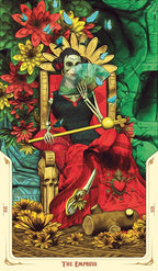 Card featuring a stylized figure with a fan, surrounded by flowers and symbolic objects, titled 'The Empress'.