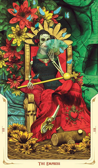 Card featuring a stylized figure with a fan, surrounded by flowers and symbolic objects, titled 'The Empress'.