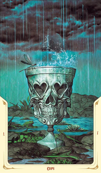 Card from a tarot deck featuring a skull-shaped cup with hearts in a rain-soaked landscape.