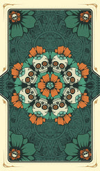 Decorative card with skull and flower design on a green and orange background