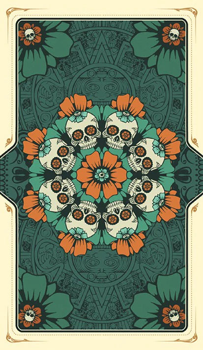 Decorative card with skull and flower design on a green and orange background